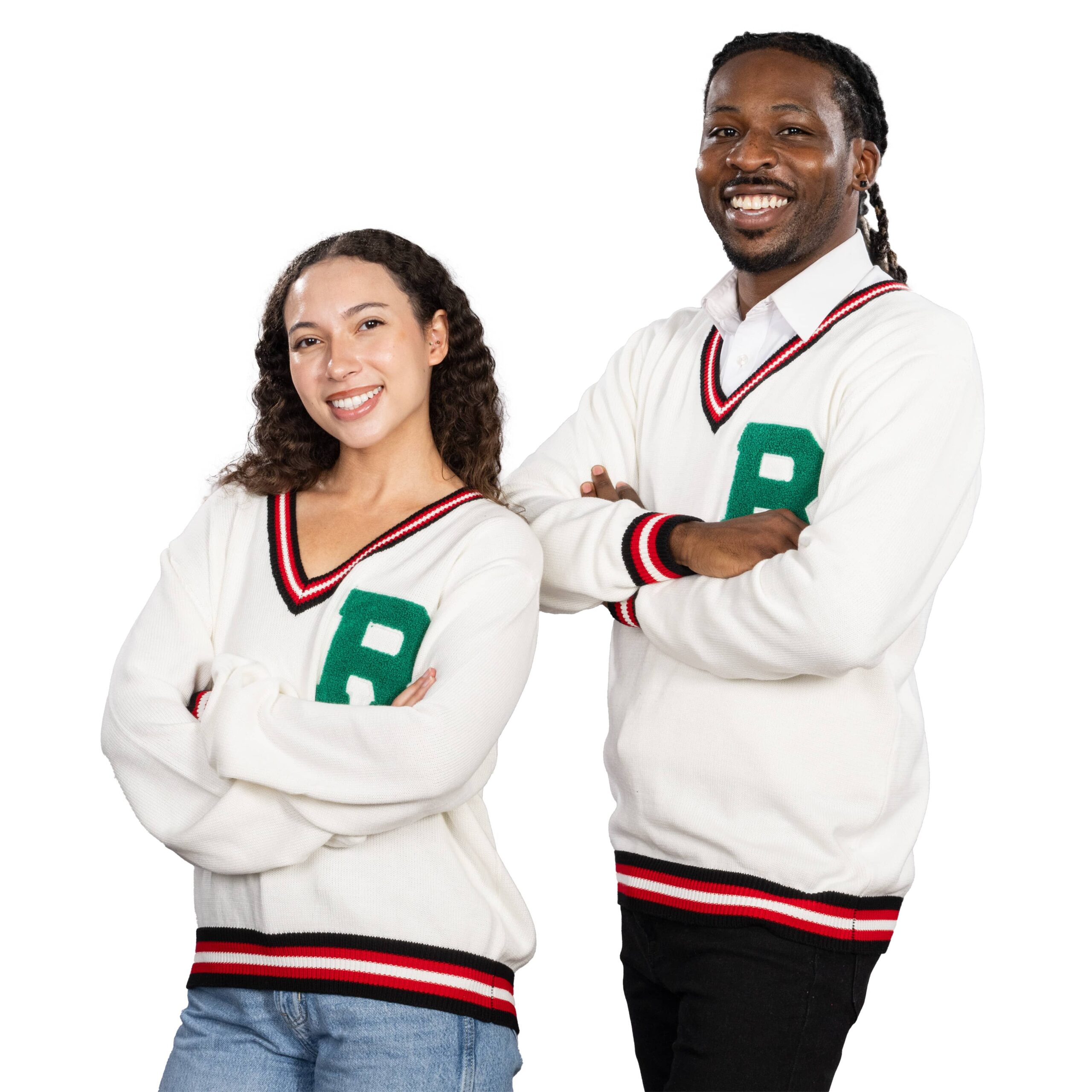 People wearing varsity sweaters